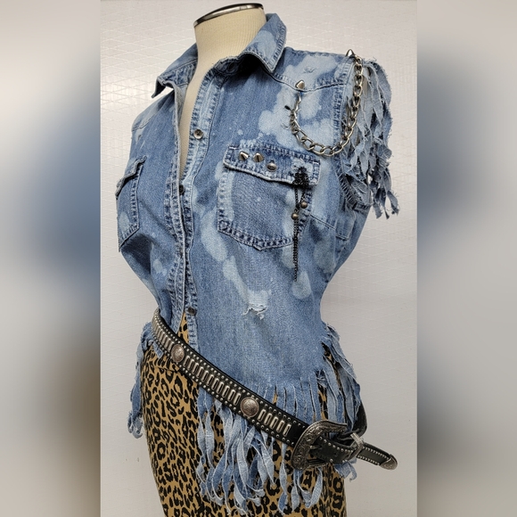 Motley Crue Fringed Denim Jean Shirt Vest  Upcycled Rock Couture - Picture 2 of 12